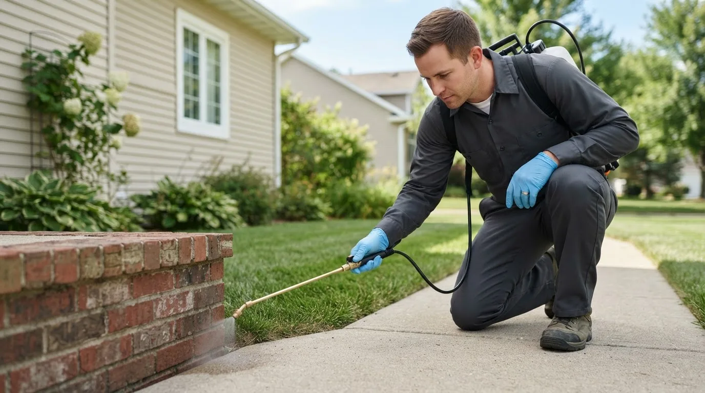 Pest control technician treating a home near Savonburg, KS